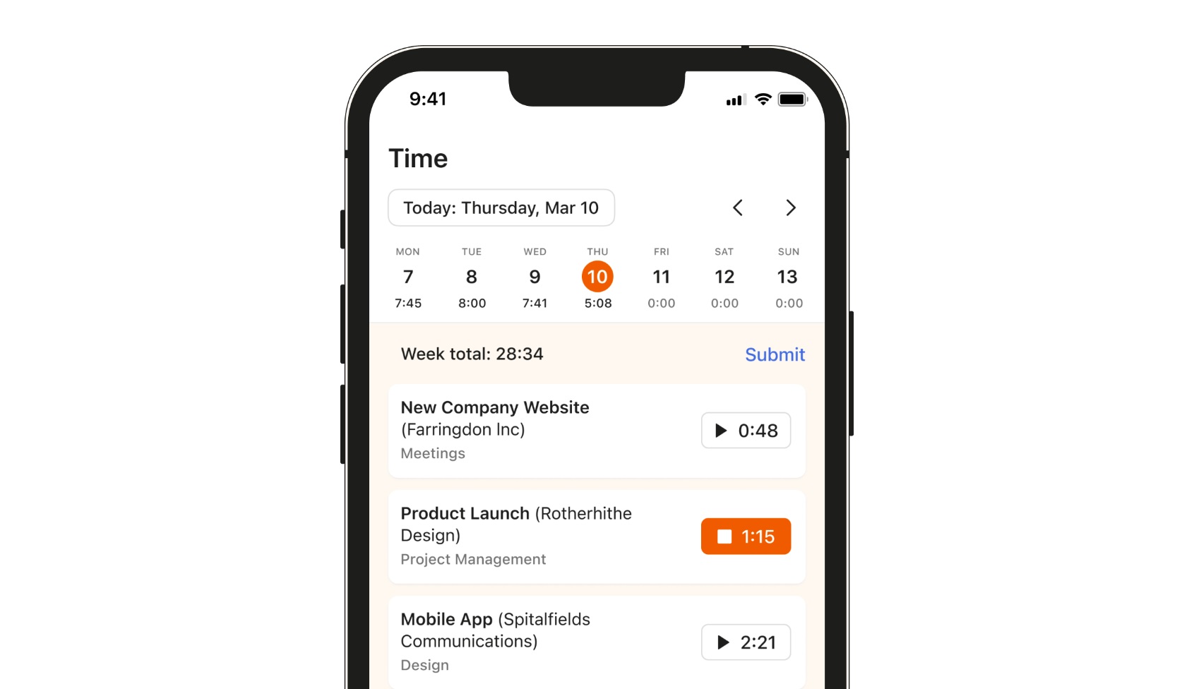 A phone screen showing Harvest’s time tracking tool.