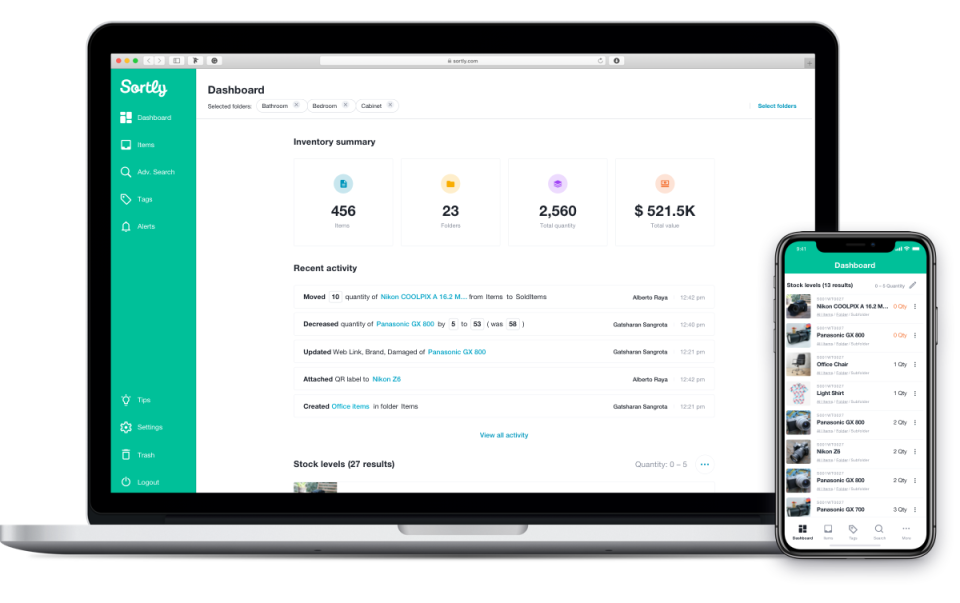 A screenshot of Sortly's dashboard for desktop and mobile
