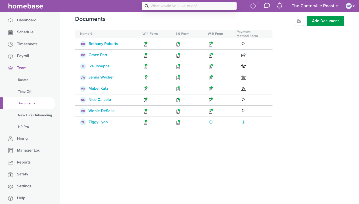 A screenshot of the document management feature within Homebase.
